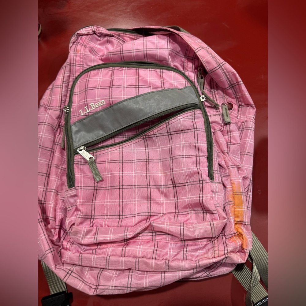 L.L. Bean Pink Plaid Backpack with Gray Trim